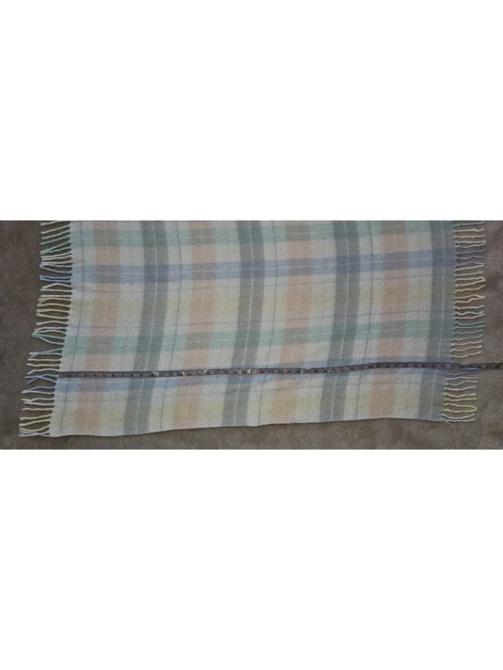 VTG WPL 1675 Plaid Baby Blanket Acrylic Pastel Pink Blue Yellow White Fringe